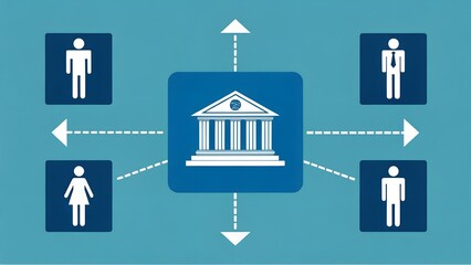Banking Relationship Concept – Central Bank Icon Connected by Arrows to Male and Female User Icons on Green Background, Financial Services, Customer Interaction, Institutional Outreach, Economic Conne