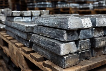Iron Ingot. Stacked metal ingots in warehouse, raw material for metalworking