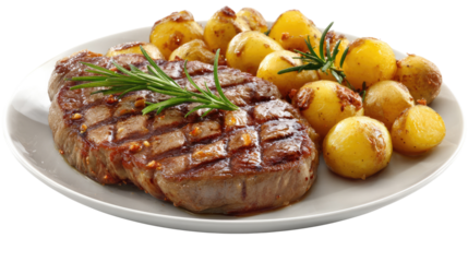 Savory Steak and Potatoes: a beautifully plated, culinary masterpiece featuring a juicy grilled steak alongside golden-brown roasted potatoes, garnished with aromatic rosemary.
