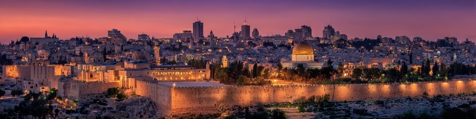 Naklejka premium Jerusalem Night. Urban Cityscape of Old City Israel with Sunset Glow