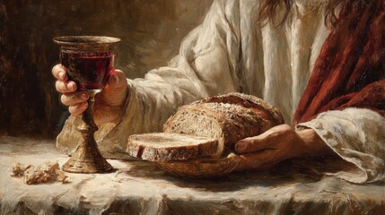 Jesus Bread And Wine. Communion with the Offering of Wine and Bread Symbolizing Christian Faith