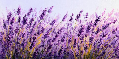 Naklejka premium Lavender Field Watercolor. Lavandula Flowers Blossoming in Fragrant Violet Garden