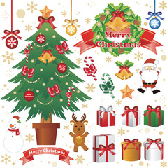 クリスマス　クリスマスツリー　サンタクロース　ベル　リース　プレゼント　飾り　あしらい　イラスト素材