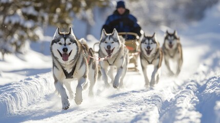 Husky sled dogs in snowy forest trail, winter adventure