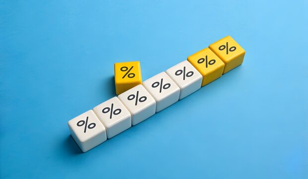 Percentage Concept – White and Yellow Cubes with Percent Symbols on Blue Background, Financial Metrics, Discount Strategy, Statistical Analysis, Business Calculation