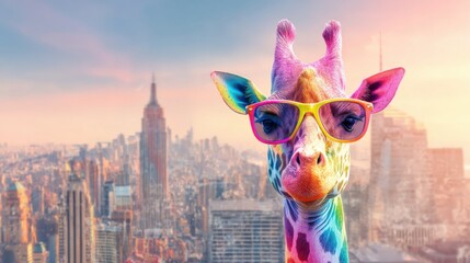 A vibrant giraffe with colorful spots and trendy sunglasses stands in front of the New York City skyline at sunset. The city glows with warm colors as the day turns to night.