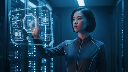 Woman in a data center interacts with a holographic interface - Powered by Adobe