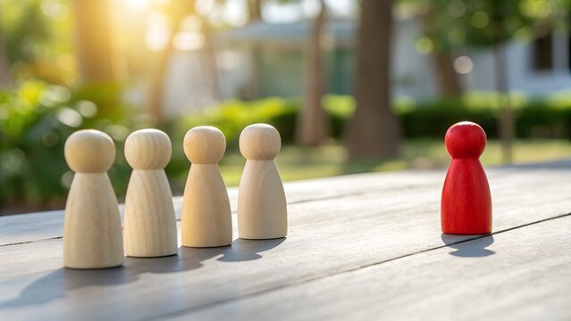 Social Exclusion Concept – Red Wooden Figurine Isolated from Group of Natural Wood Figures Outdoors, Individuality, Discrimination, Peer Pressure, Mental Health