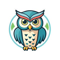 A charming cartoon illustration of a blue owl with big eyes, set inside a circle.