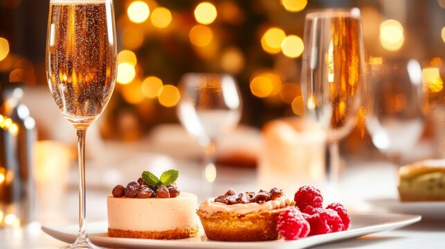 Celebratory Dessert Delight: An intimate table setting is adorned with champagne flutes and a selection of exquisite desserts.