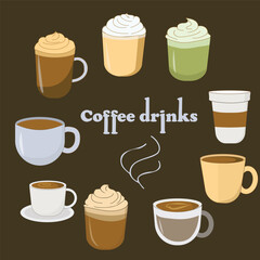 Coffee vector set – cappuccino, latte, espresso, matcha, takeaway cup
