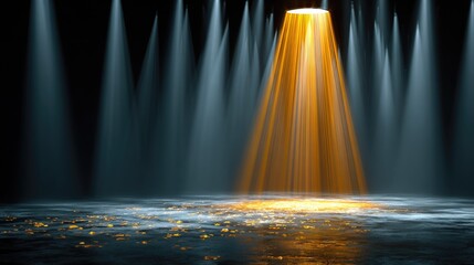 Golden light beams illuminate a dark, reflective floor