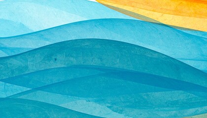 Abstract watercolor waves in serene blue and aqua with a warm orange gradient, fluid modern background design evoking calm nature.