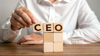 CEO Concept – Person Arranging Wooden Blocks Spelling 'CEO' on Table, Leadership, Management, Business Strategy, Executive Role