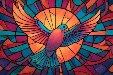 Colorful stained glass artwork of a dove in graceful bird surrounded by radiant geometric shapes, symbolizing peace, freedom, mental clarity, harmony, hope