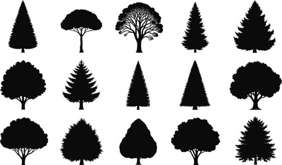 Silhouette Collection of Diverse Tree Types – Forest and Nature Vector Elements for Landscaping, Environmental, Botanical, and Green Design Projects