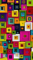Vibrant, multicolored squares overlap in a dense, layered pattern