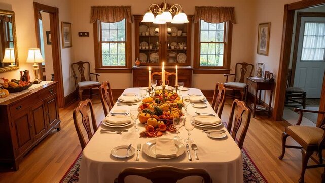 Traditional dining room set for a Thanksgiving holiday dinner. Elegant table setting with autumn centerpiece, gourds, and candles in a classic home.