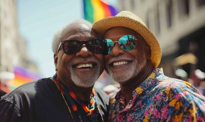 Happy senior black gay men hugging and kissing at a Pride event. Elderly African American homosexual couple in love, celebrating LGBTQ+ inclusion and diversity at a summer parade, Generative AI