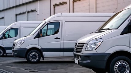 A fleet of shiny white delivery vans, complete with place for company logos, is lined up and ready for efficient and timely deliveries, parked in a storage lot on a sunny day.