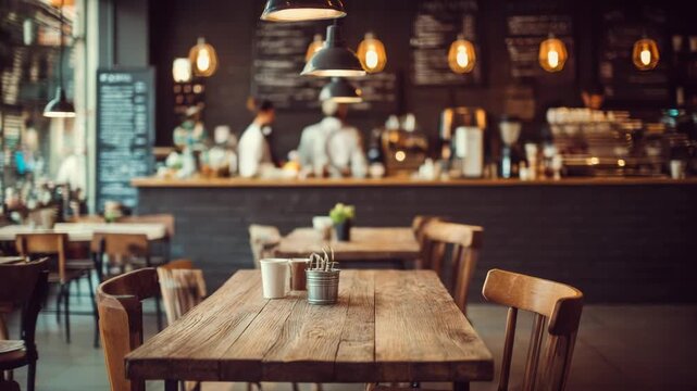 Inviting cafe interior showcasing wooden tables and chairs ready for customers