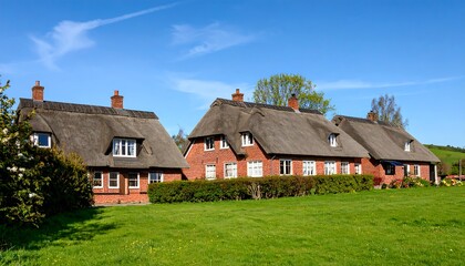 Obraz premium Three thatched-roof cottages on a sunny day, nestled in a green field
