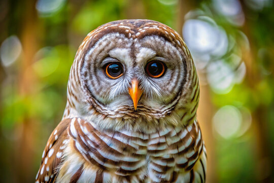 Close up portrait of a barred owl in a forest