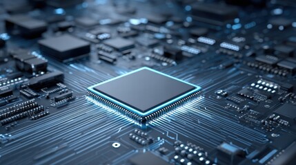 A close-up view of a modern circuit board showcasing a central microprocessor surrounded by various electronic components.
