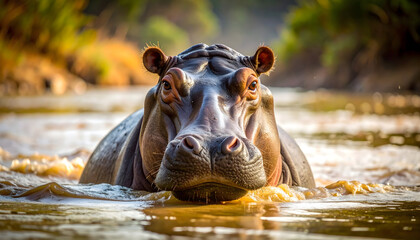 Fototapeta premium Close Up Portrait Of A Hippo Partially Submerged In River Water Under Sunlight Showing Skin Texture and Eyes