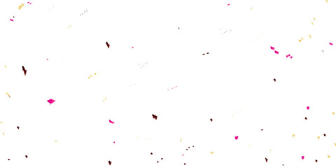 A festive and celebratory abstract background with a multitude of scattered confetti and streamers in yellow, pink, brown, and red, creating a joyful, dynamic pattern on a clean white background.