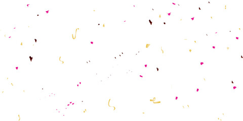 A festive and celebratory abstract background with a multitude of scattered confetti and streamers in yellow, pink, brown, and red, creating a joyful, dynamic pattern on a clean white background.