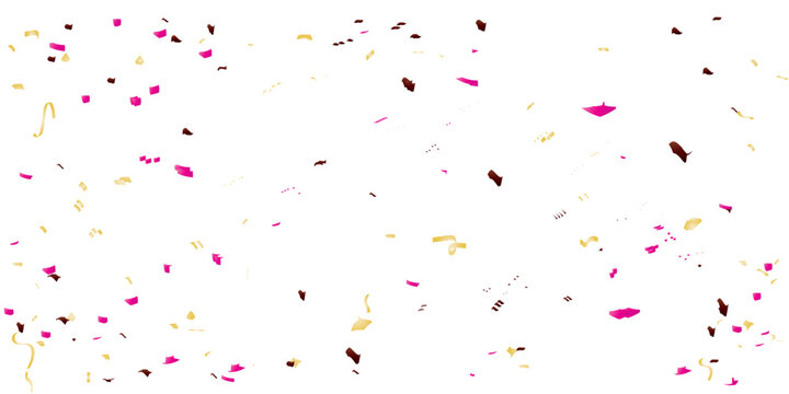 A festive and celebratory abstract background with a multitude of scattered confetti and streamers in yellow, pink, brown, and red, creating a joyful, dynamic pattern on a clean white background.