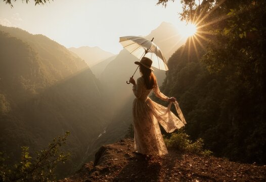 woman in a flowing, floral dress holding a translucent umbrella, standing on a mountain cliff at sunrise.