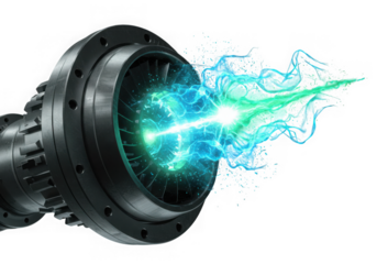 Futuristic energy generator with blue green plasma burst isolated on transparent background