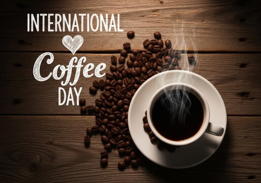 International coffee day, international coffee day celebration with a cup of hot coffee, beans, and a rustic wooden table creating a warm and inviting scene