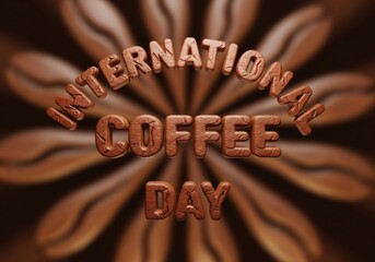 International coffee day, international coffee day with coffee bean letters and a blurred background of coffee beans in a radial pattern