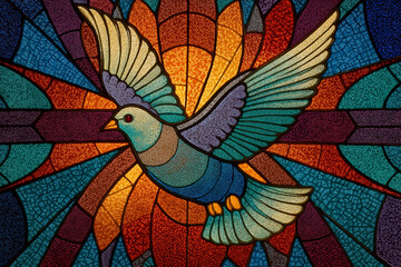 Colorful stained glass artwork of a dove in graceful bird surrounded by radiant geometric shapes, symbolizing peace, freedom, mental clarity