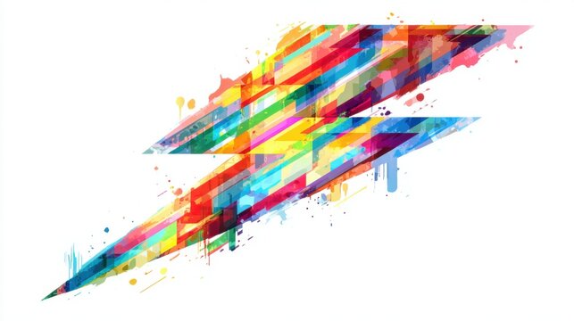A vibrant lightning bolt design showcases a mixture of bright colors and angular patterns. This artwork emphasizes the energy and dynamism of the lightning symbol.