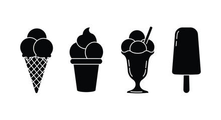 Black and White Ice Cream Dessert Icons Cones Sundae and Popsicle