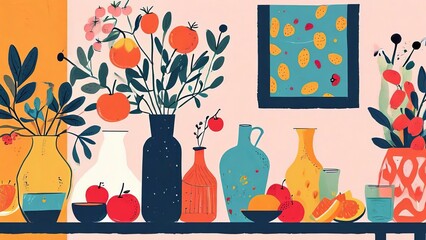 A still life illustration of flowers and fruit in vases.
