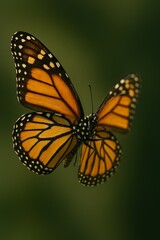 Fototapeta premium A vibrant monarch butterfly with striking orange and black wings delicately rests on a colorful flower in a summer garden
