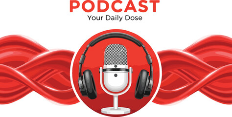 Promotional banner for a podcast with a microphone, headphones, and abstract red waves