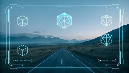 Futuristic hud overlay on a scenic highway landscape