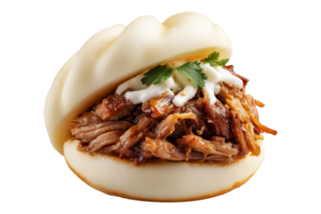 Polynesian steamed bao bun filled with shredded pork, creamy sauce, and cilantro leaves, isolated on white transparent background, concept of Polynesian Snacks Keke Pua street food