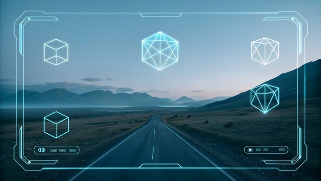 Futuristic hud overlay on a scenic highway landscape