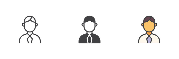 Business person avatar icon set in line, solid and filled outline style