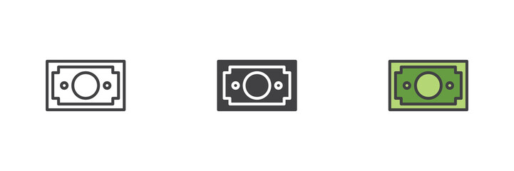 Money bill icon set in line, solid and filled outline style