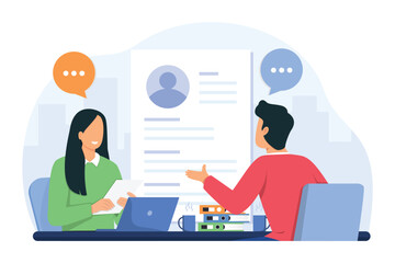 Job interview concept. HR Manager interviews candidate for vacancy. Headhunting and recruitment. Company hiring employee. Business meeting and conversation.  Vector illustration.