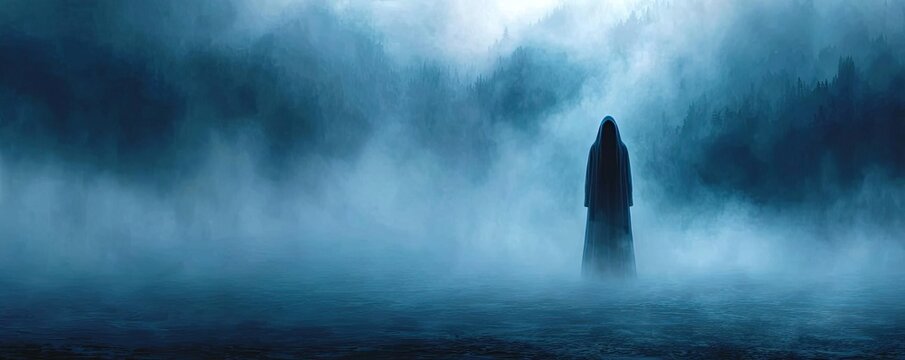 Ghost howl through the crystal raven concept. A serene landscape shrouded in mist and mysterious shadows.