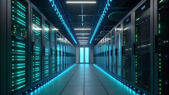 Futuristic server room with blue and green led lighting